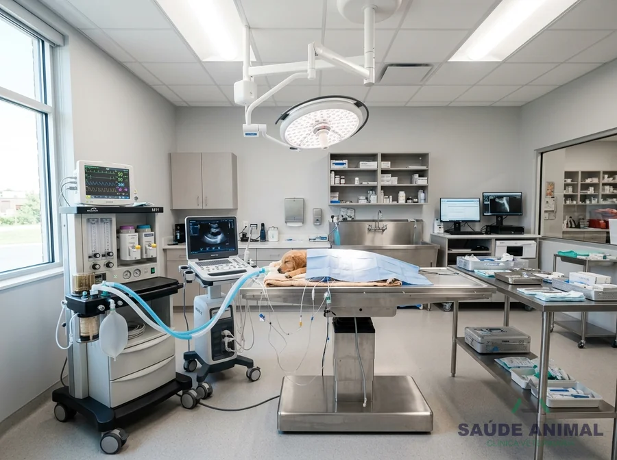 Centro Cirúrgico veterinário moderno com ultrassom e monitor multiparâmetros